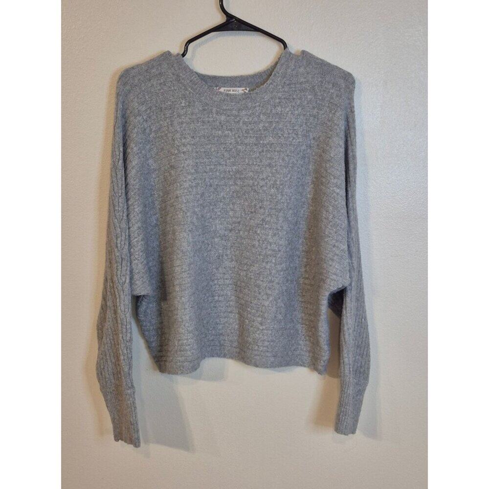 Cozy Gray Knit Sweater By Pink Rose With Ribbed Sleeves & Crew Neck - Size M